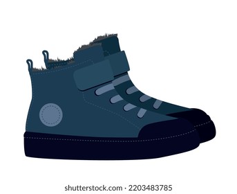 Kids Black Boots. Footwear For Girls And Boys. Warm Element Of Clothing For Autumn And Winter Seasons. Icon For Website Of Online Clothing Store, Poster Or Banner. Cartoon Flat Vector Illustration