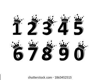 Kids Black Colored Cartoon Numbers Set. Vector set of 1-9 digit baby icons. school kids Mathematical Symbols. Number with crown can be used as birthday card, anniversary card etc