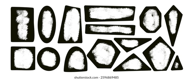 Kids black ink geometric shapes with empty space set. Text boxes paint spray textured frames. Rounded and square figures. Vector hand drawn quotation stickers shapes. Graffiti grunge geometry callout.