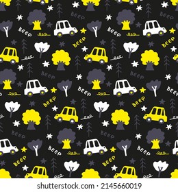 Kids black pattern with cars in forest for boys. Seamless print with yellow, white transport for design of baby textile products, children's jacket fabric. Texture with vehicles for nursery wallpaper.