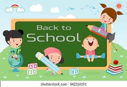 kids and blackboard, Children and board, kids education, education concept, back to school template with kids, Kids go to school, back to school, Cute cartoon children, happy children, Vector