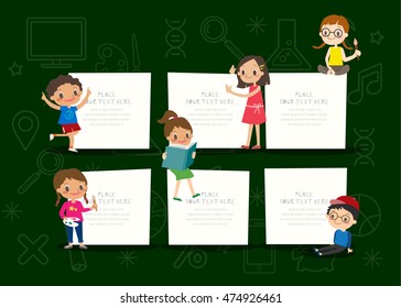 kids with blank notepad board on green chalkboard background vector cartoon illustration
