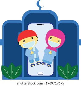 kids blessing ramadhan and eid al fitr using video call with smartphone during pandemic corona virus for protection always wear a mask