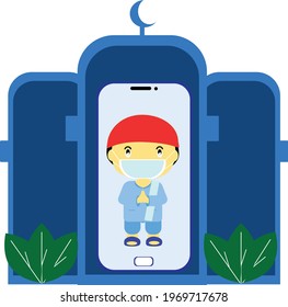 kids blessing ramadhan and eid al fitr using video call with smartphone during pandemic corona virus for protection always wear a mask