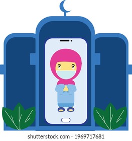 kids blessing ramadhan and eid al fitr using video call with smartphone during pandemic corona virus for protection always wear a mask