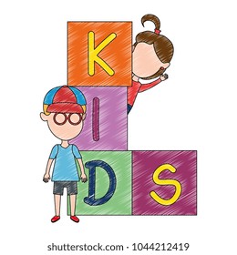 kids with blocks characters vector illustration design
