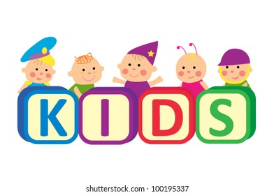 Kids with blocks spelling KIDS. Vector illustration