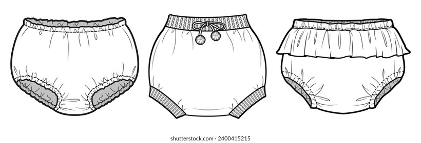 Kids Bloomers, Infant Diaper Shorts Set Fashion Flat Sketch Vector Illustration, CAD, Technical Drawing, Flat Drawing, Template, Mockup.