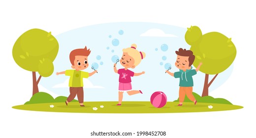 Kids blow bubbles. Funny boys and girl play with soap air balls outdoor in park, childish hobbies and games children party activities. Summer leisure time vector cartoon isolated concept