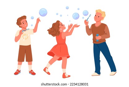 Kids blow soap bubbles and play vector illustration. Cartoon cute happy girl and boys making foam spheres in air with blower rings, little adorable child with funny face blowing balloon and standing