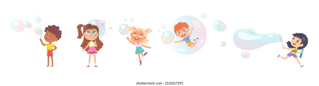 Kids blow soap bubbles set vector illustration. Cartoon cute girls and boys make big foam air balls blowers wand, isolated children run to play fun game, summer activity and experience of child