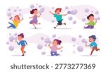 Kids blowing bubbles. Children playing with soap bubbles exact vector template illustrations set