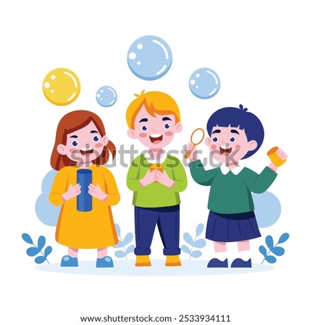 Kids blowing bubbles, a flat style illustration 
