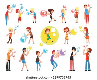 Kids blowing and playing soap bubbles set cartoon vector illustration