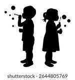 Kids blowing soap bubbles, child blows soup foam and make bubbles, little boy and girl blowing to make many bubbles