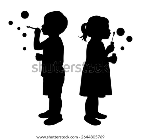 Kids blowing soap bubbles, child blows soup foam and make bubbles, little boy and girl blowing to make many bubbles