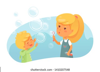 Kids blowing soap bubbles flat vector illustration. Cute children, siblings having fun with foam toy. Elder sister holding bottle with soapy liquid. Happy childhood memories. Brother catching bubbles