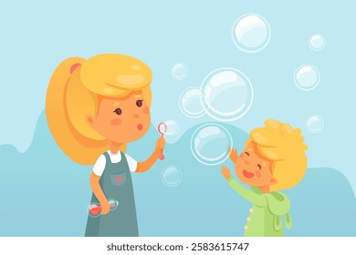 Kids blowing soap bubbles flat vector illustration. Cute children, siblings having fun with foam toy. Elder sister holding bottle with soapy liquid. Happy childhood memories. Brother catching bubbles.