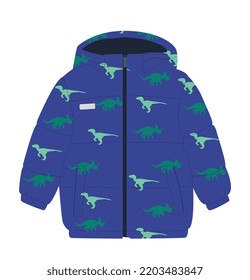 Kids blue jacket. Clothing element for autumn and winter seasons with dinosaurs. Fashion and style, jacket for boys. Cold weather, protection from rain and snow. Cartoon flat vector illustration