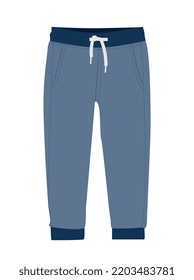 Kids blue pants. Element of clothes for boys and girls, Stretchy fabric for sports activities. Street and free style, fashion and trend. Graphic element for website. Cartoon flat vector illustration