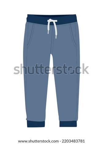 Kids blue pants. Element of clothes for boys and girls, Stretchy fabric for sports activities. Street and free style, fashion and trend. Graphic element for website. Cartoon flat vector illustration