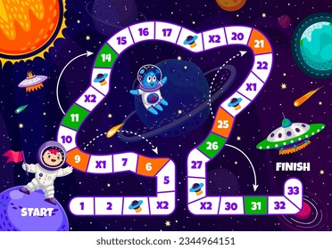 Kids board game. Cartoon astronaut, alien, spaceship and galaxy space planets puzzle vector worksheet. Space map with path from spaceman to UFO, numbers, start, finish and arrows, starry background