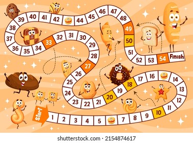 Kids Board Game. Cartoon Bakery And Cookies Characters. Child Roll And Move Game, Children Playing Activity Vector Boardgame With Wheat And Rye Bread, Donut And Loaf, Croissant Dessert Personages