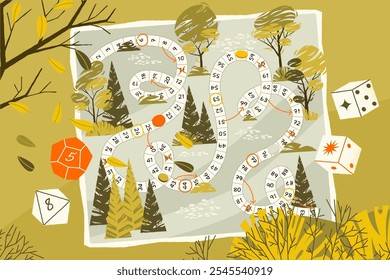 Kids board game. Cartoon children playing snakes and ladders game, funny group of people on ladder and animals on snakes back. Vector board game illustration.