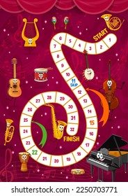 Kids board game cartoon musical instrument character. Vector step boardgame with block path, numbers, start, finish and grand piano, guitar, saxophone and jembe drum. Double bass, banjo, harp and horn