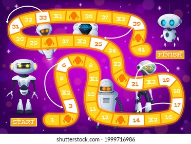 Kids board game with cartoon robots and droids, androids and cyborg bots, vector tabletop puzzle. Kids track and move labyrinth maze board game for dice with droid robots, chatbots and space AI aliens