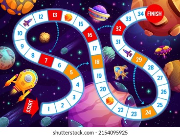 Kids board game cartoon spacecraft, ufo and starship in galaxy space. Vector boardgame worksheet with snake path, start and finish in universe fantasy world with rockets or planets, walk puzzle riddle