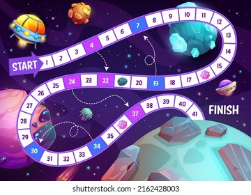 Kids board game, cartoon spacecraft and UFO starship in galaxy space, vector entertainment tabletop. Dice step race game worksheet on start and finish with cartoon fantasy galaxy rockets and planets