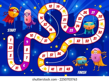 Kinder Brettspiel. Cartoon Superheld-Mikronährstoff-Vitamincharaktere. Kinderspielzeug, -rollen und -bewegliche Spielaktivität oder Würfel-Vektor-Arbeitsblatt mit C, B2, N und B5, K Vitaminhero-Persönlichkeiten