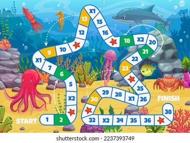 Kids board game cartoon underwater landscape and animals. Vector step riddle worksheet with star shaped path with numbers, start and finish on sea bottom with octopus, squid, crab, jellyfish, dolphin