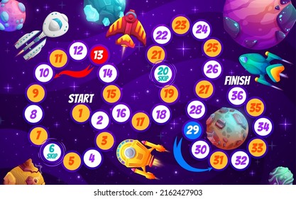 Juego de mesa para niños, estrellas de galaxia del universo de dibujos animados, cohetes y naves espaciales. Videojuego vectorial con sendero de serpiente numerado y naves espaciales en el espacio, rompecabezas de caminar para la familia y los niños, acertijo de viaje cósmico