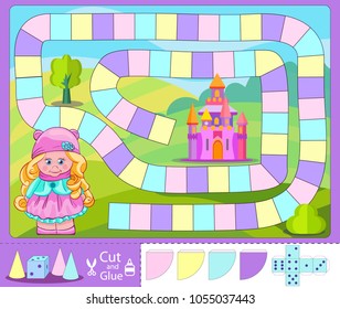 Kids board game with cute girl go to castle. Children funny entertainment and amusement. Vector kid’s cartoo art game and activities jigsaw. Set of dice and chips. For print. Activity page. 