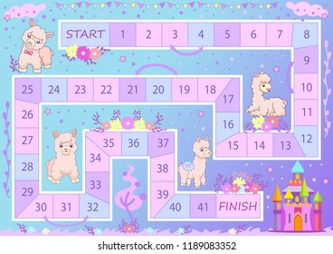 Kids board game with cute llamas. Worksheets for book. Children funny entertainment. Kids art game and activity page. Wallpaper for print with fairy background. Vector illustration.