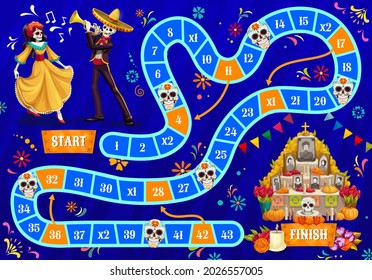 Kids board game. Dia De Los Muertos holiday celebrating human skeletons, dancing woman and mariachi musician in sombrero, commemorating deceased people ofrenda altar