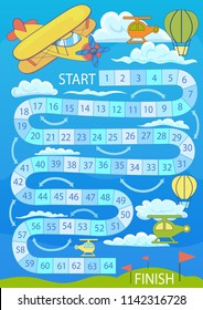 Kids board game with a drawing of plane, balloons and helicopter. Worksheets for book. Children funny entertainment. Kid’s art game and activities page. Wallpaper for print. Vector illustration.