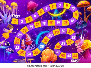 Kids board game with fairies, dark forest and cartoon magic mushrooms vector background. Education boardgame, dice puzzle or maze with start to finish numbered route and arrows, fantasy fungi, elves