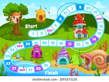 Kids board game with fairy elf houses and gnome dwellings. Vector boardgame with numbered block step path, beehive, mushroom, snail shell and flower homes. Walk puzzle for family and children activity