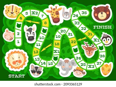 Los niños juegan al juego divertido con animales africanos y forestales. Juego de tablero de pasos vectoriales con ruta de bloque numerada y caracteres de dibujos animados. Cebra, jirafa, mapache y liebre, oso, león o elefante con cerdo, enigma de bebé