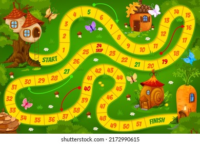 Kids board game. Nest, snail, acorn and carrot cartoon houses. Children riddle book vector page, boardgame or child puzzle game with dice rolling activity and fantasy houses, fairy dugout or elf hut svg