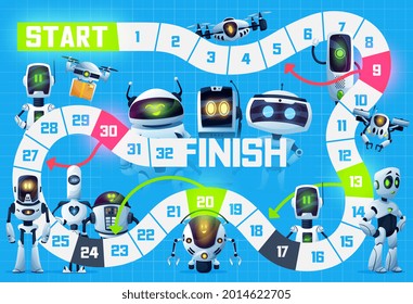 Kids board game with robots, androids and drones, vector tabletop puzzle background. Kids cartoon track and move boardgame for dice with android robots, chatbots and quadcopter drones