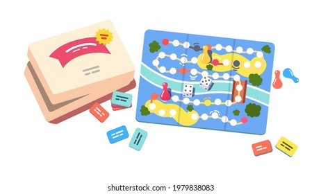 Kids board game. Throwing dice, moving pieces and cardboard box. Leisure activity and child development. Flat vector object illustration
