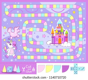 Kids Board Game. Unicorn Go To Castle. Worksheets For Book. Children Funny Entertainment And Amusement. Kid’s Art Game And Activities Page. For Print. Vector Illustration.