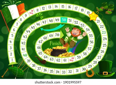 Kids Board Game Vector Template, Saint Patricks Step Boardgame. Spiral Block Path, Numbers, Start And Cartoon Leprechaun Character With Gold On Finish, Educational Children Riddle, Preschool Activity