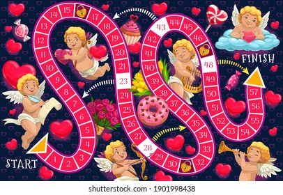 Kids board game vector template, Valentines day step boardgame with block path, numbers, start, finish and cartoon Cupid characters and hearts educational children riddle, family or preschool activity