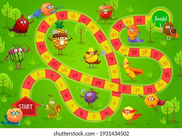 Kids Board Game Vector Template, Step Boardgame With Block Path, Numbers, Start, Finish And Cartoon Fruits Fairytale And Super Hero Characters. Educational Children Riddle, Family, Preschool Activity