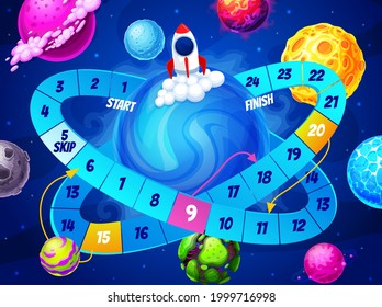 Kids board maze game, space planets and rocket in galaxy. Vector boardgame with spaceship take off from Earth. Step riddle with path, children discovery task with numbers, start, skip and finish